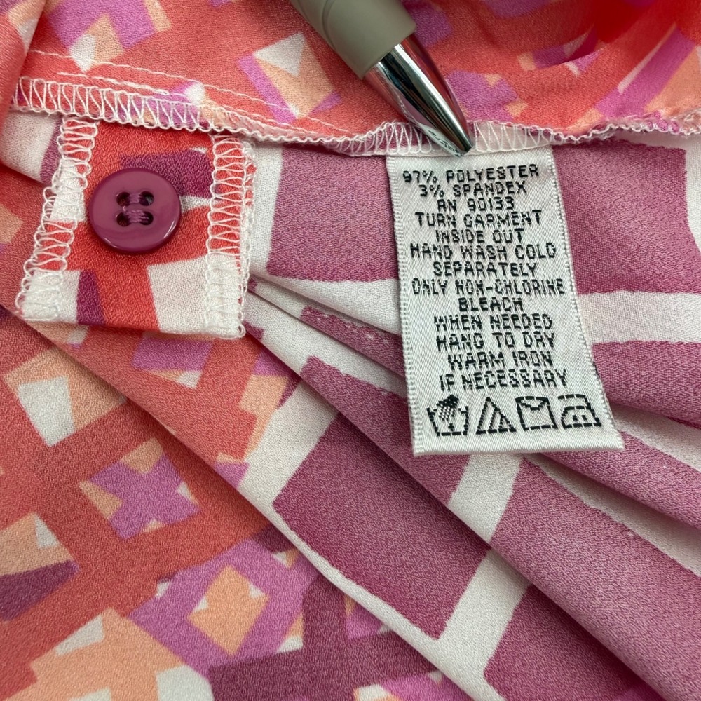 BOB MACKIE 1X Blouse Pink Orange Geometric Wearable Art Tunic Top Patchwork - Picture 8 of 12